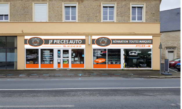 JF Pièces Auto à Carentan les Marais. Vente de pièces, garage et nettoyage automobiles. Nouvelle façade et nouveau logo !