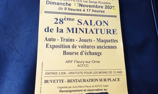 28ème Salon de la Miniature le dimanche 13 novembre 2022 de 09h00 à 17h00 à la salle des fêtes, rue Serge Rouzière à Fleury sur Orne. (Autos, trains, jouets, maquettes, bourse d’échange et exposition de voitures anciennes) Buvette et restauration sur place. Entrée 2€50 et gratuite pour les moins de 12ans.