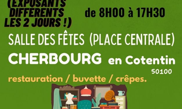 Vide greniers samedi 01 avril et Dimanche 02 avril 2023 (exposants différents les 2 jours !) De 8H00 à 17H30 Salle des fêtes (place centrale) CHERBOURG en Cotentin