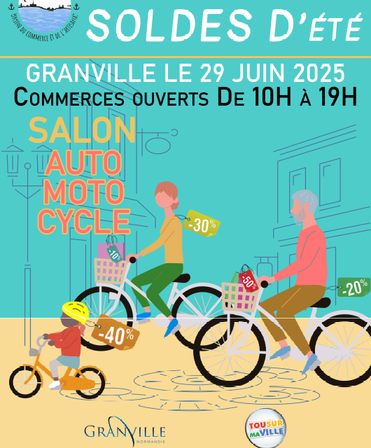 Venez nombreux au 1er dimanche des Soldes d’été à Granville. Le 29 Juin 2025, vos commerçants seront ouverts de 10h00 à 19h00 dans un centre ville complètement piétonnier, des animations et le salon auto / moto.